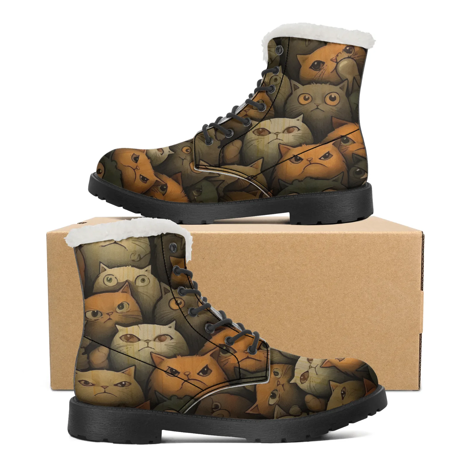 Cute Cats Prints Plush Snow Bo - Men Shoes Eu To Us Size 评论和价格